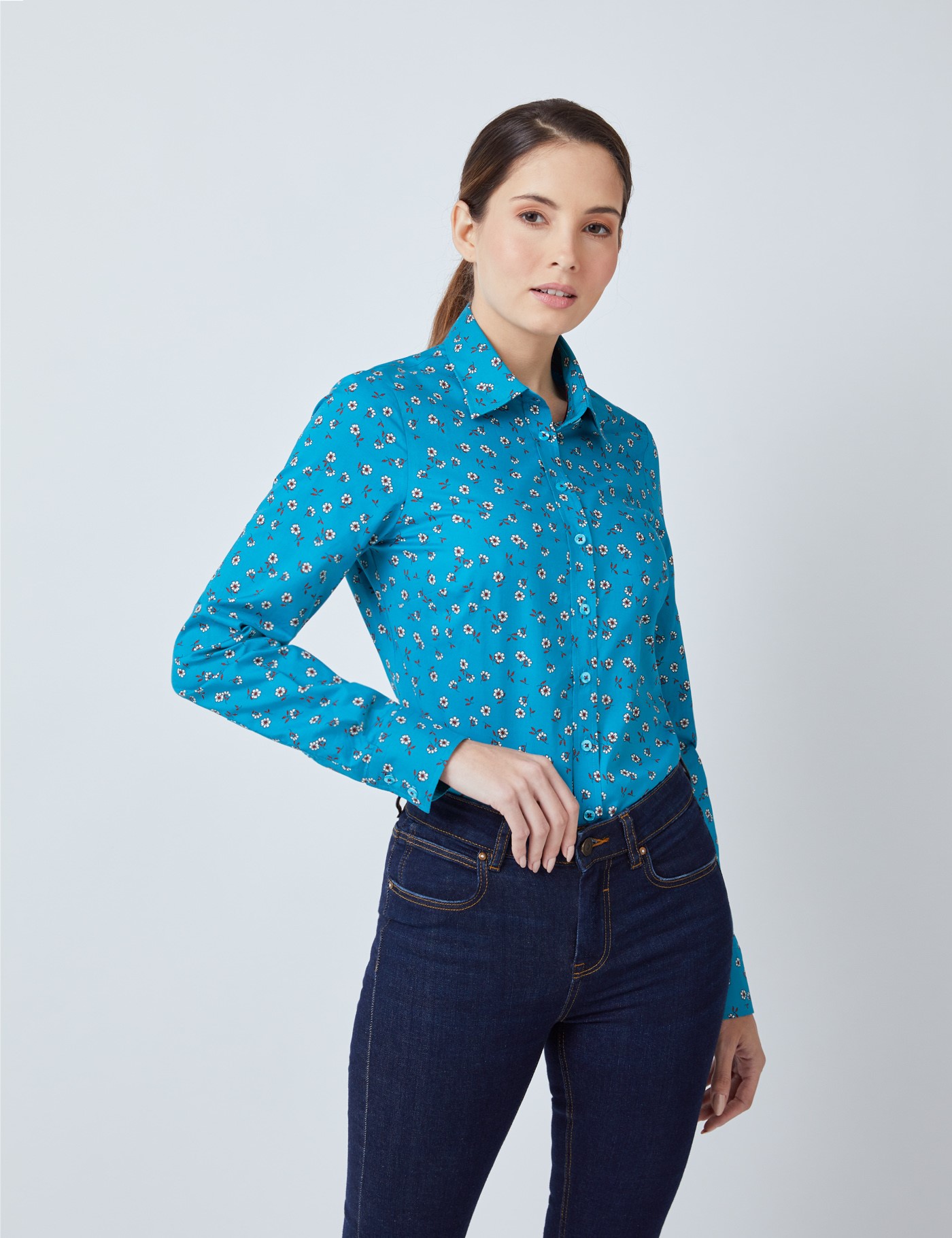 Women's Floral Print Semi-Fitted Shirt In Turquoise/White | Size 10 | Hawes & Curtis