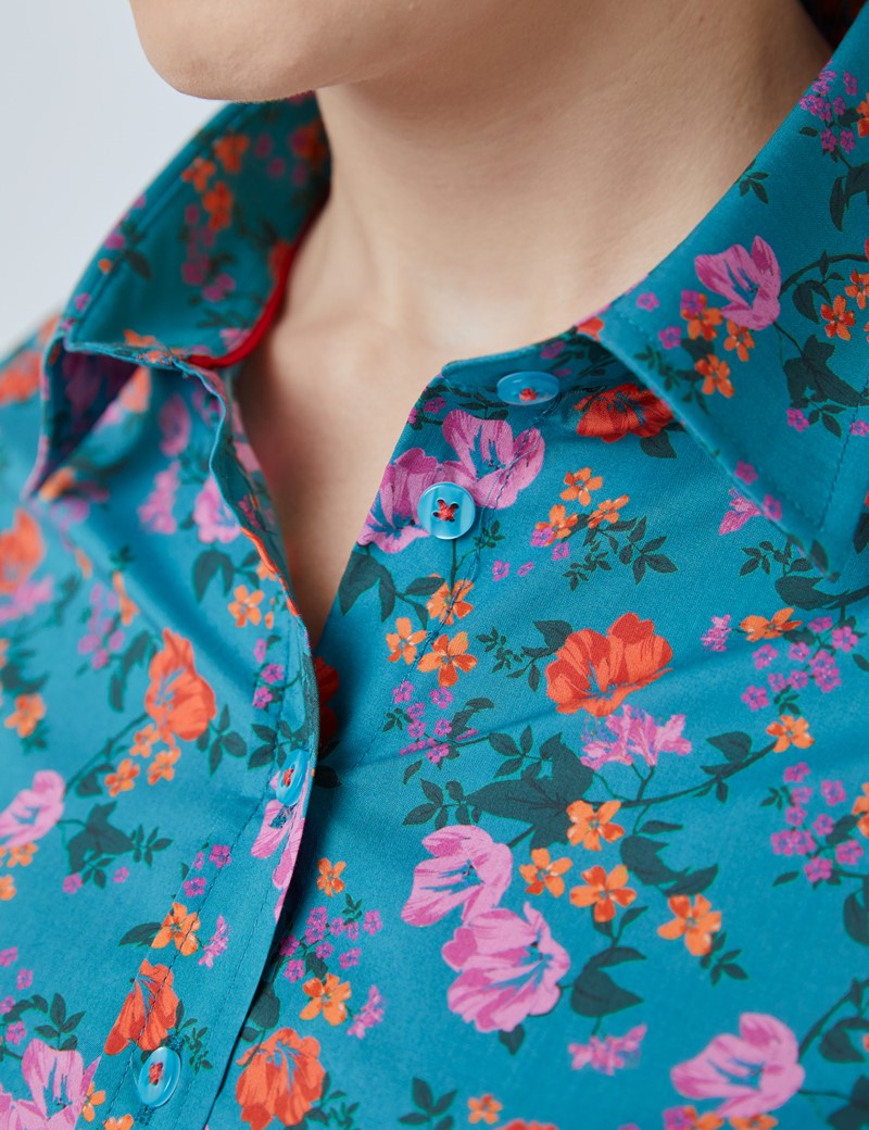 Women's Red & Pink Floral Print Semi Fitted Shirt 