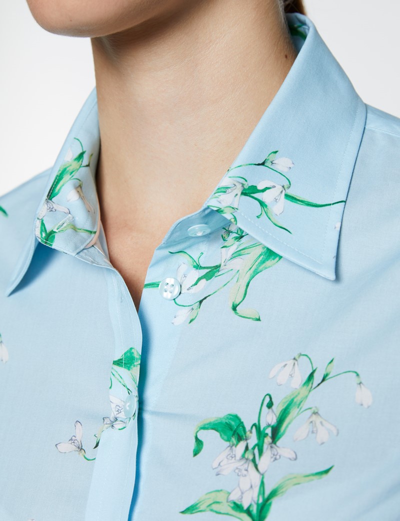 Women's Light Blue & White Floral Print Semi Fitted Shirt 