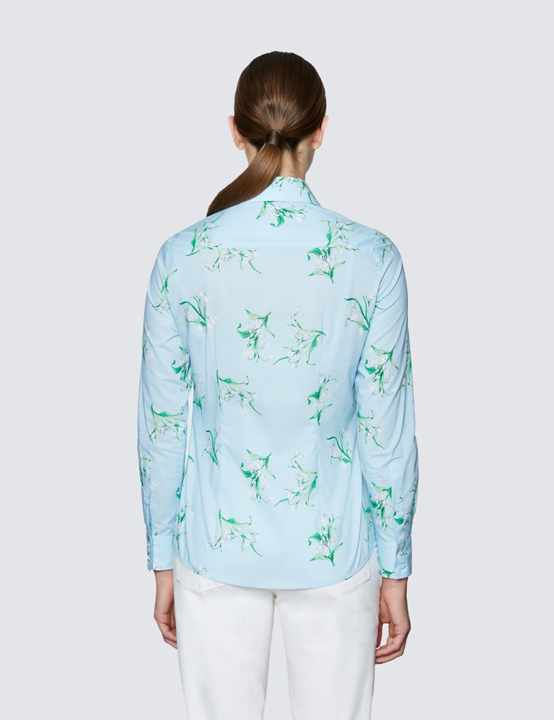 Women's Light Blue & White Floral Print Semi Fitted Shirt 