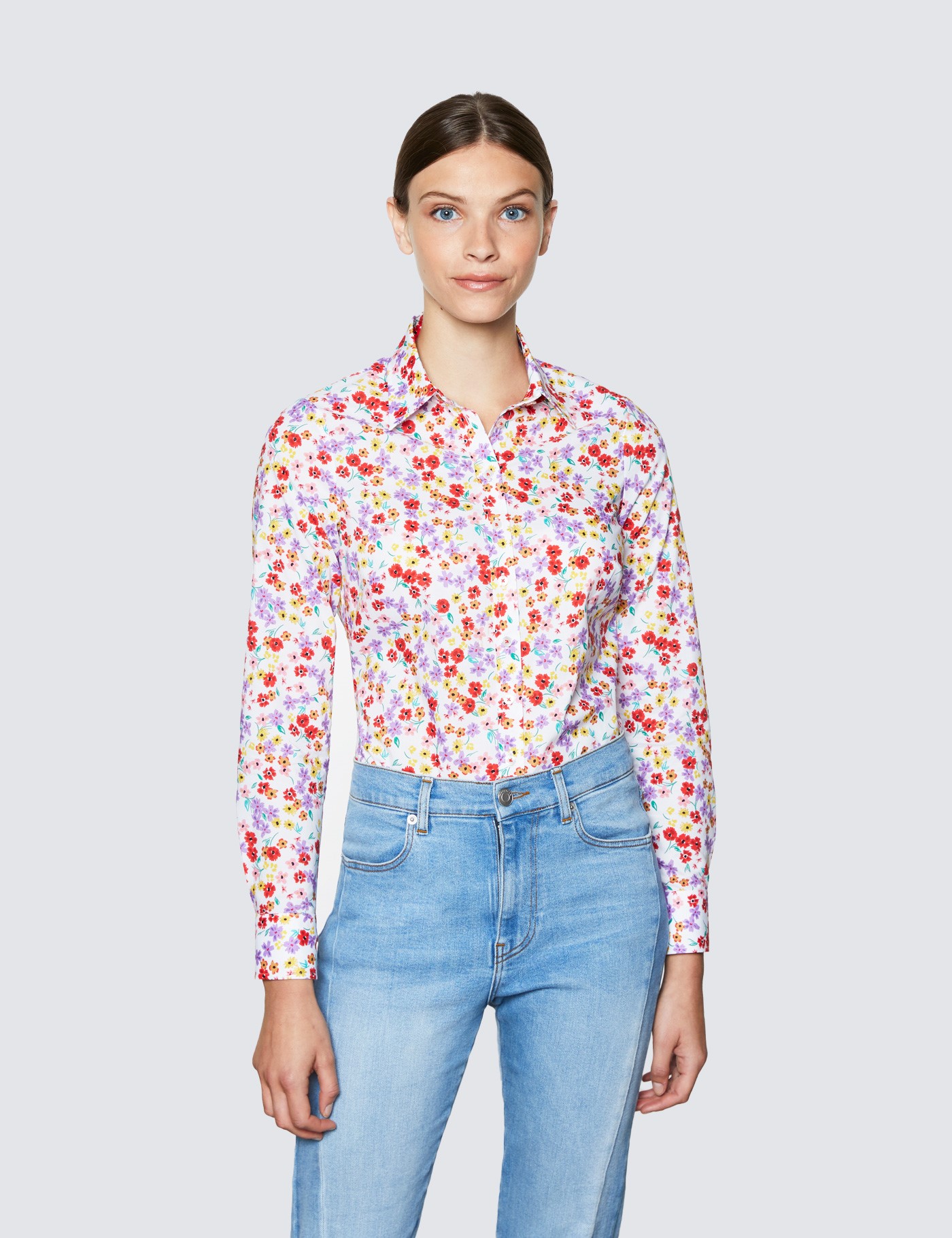 Hawes & Curtis Women's White & Red Summer Floral Print Semi Fitted Shirt