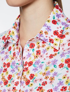 Women's White & Red Summer Floral Print Semi Fitted Shirt 