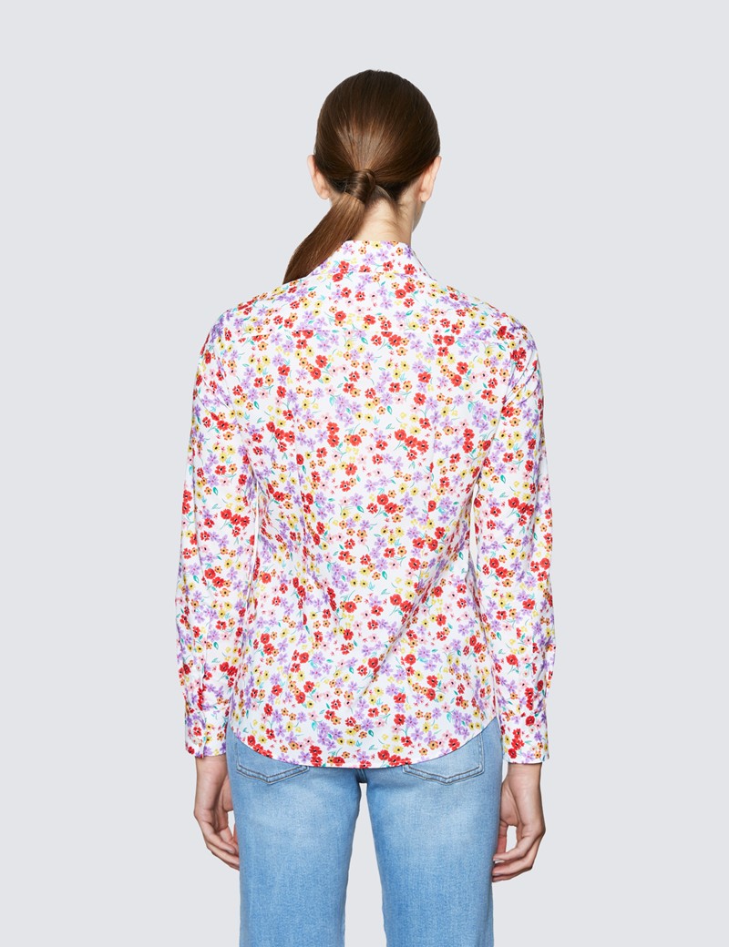 Women's White & Red Summer Floral Print Semi Fitted Shirt 