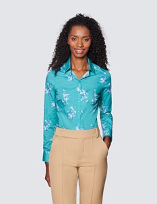 Women's Green & Blue Floral Print Semi Fitted Cotton Stretch Shirt 