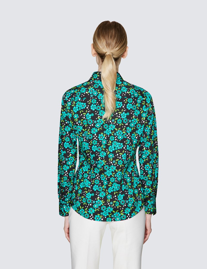 Women's Black & Green Floral Print Semi Fitted Shirt 