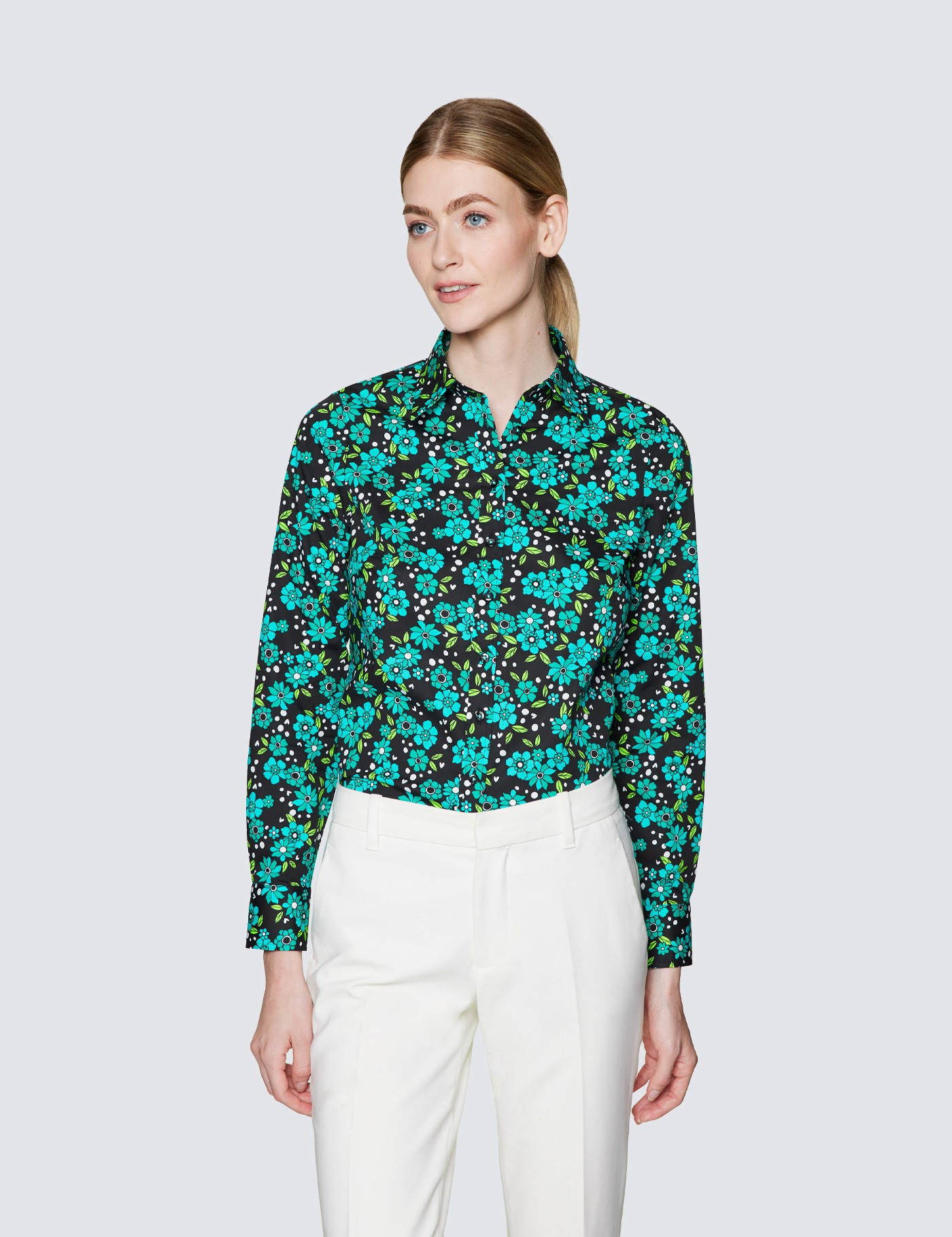 Women's Black & Green Floral Print Semi Fitted Shirt