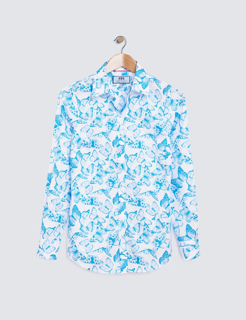 Women's White & Blue Butterfly Print Semi Fitted Cotton Stretch Shirt 