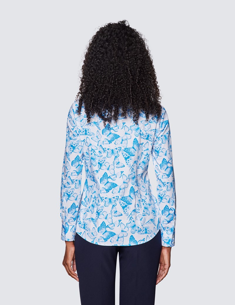 Women's White & Blue Butterfly Print Semi Fitted Cotton Stretch Shirt