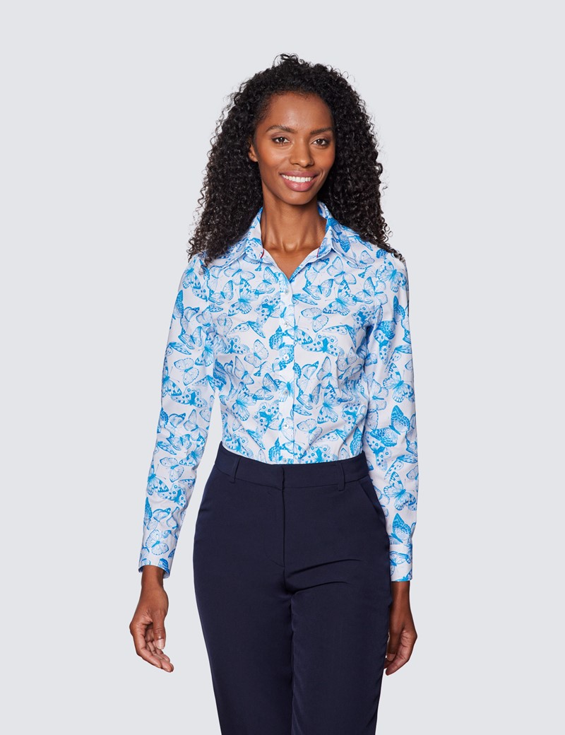 Women's White & Blue Butterfly Print Semi Fitted Cotton Stretch Shirt 
