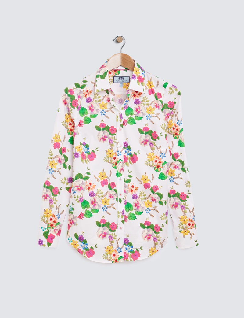 Ladies White and Green Semi Fitted Cotton Stretch Shirt