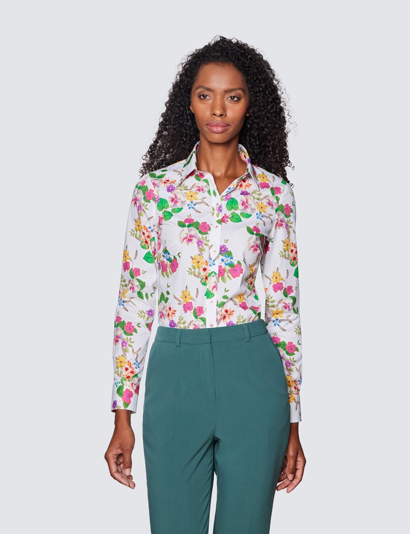 Women's White & Green Semi Fitted Cotton Stretch Shirt