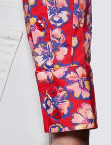 Women's Red & Purple Floral Print Semi Fitted Cotton Stretch Shirt