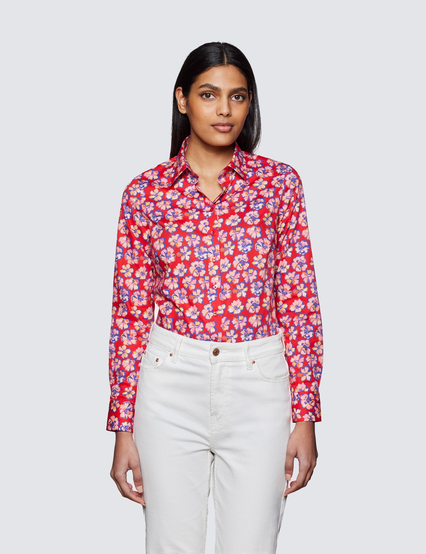 Hawes & Curtis Women's Navy & Pink Floral Print Fitted Cotton Stretch Shirt