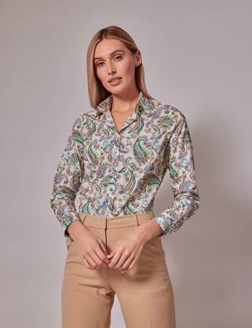 Women's Navy & White Paisley Fitted Cotton Stretch Shirt
