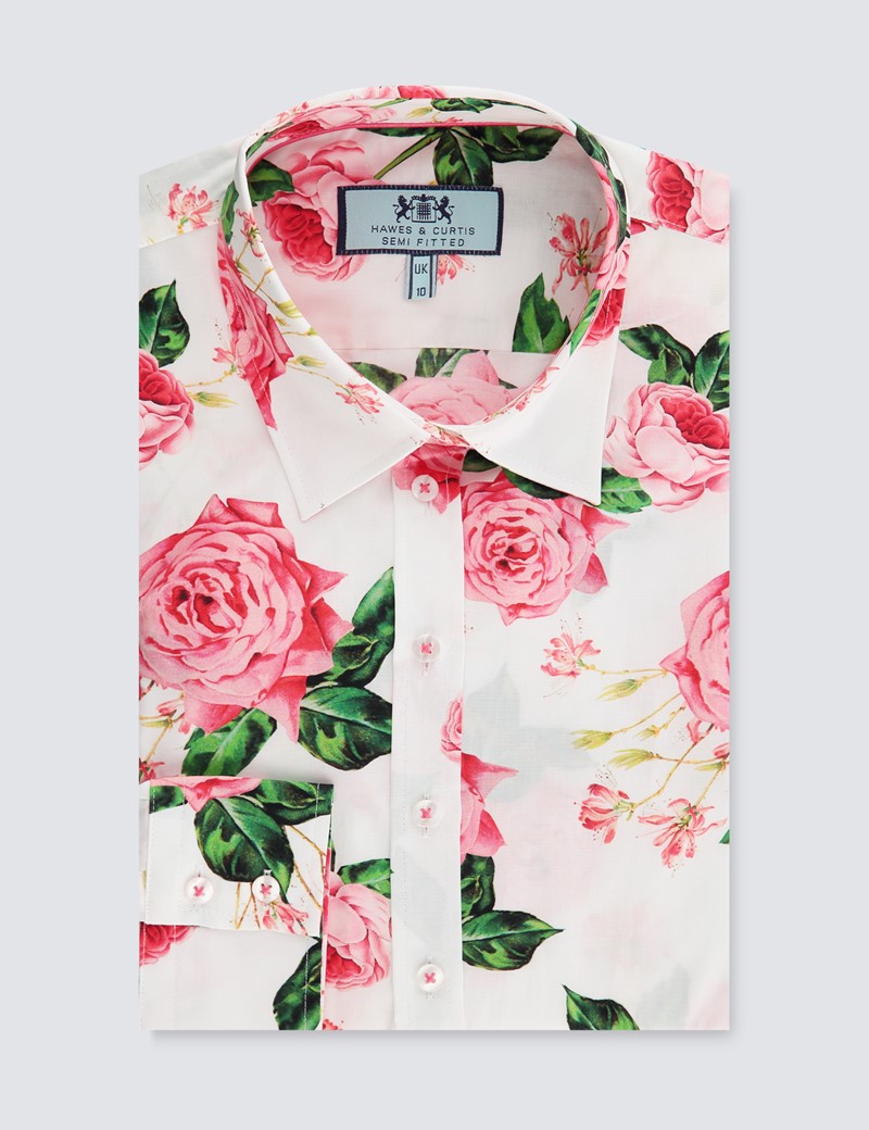 Women S White Pink Rose Floral Print Semi Fitted Shirt Single Cuff Hawes Curtis