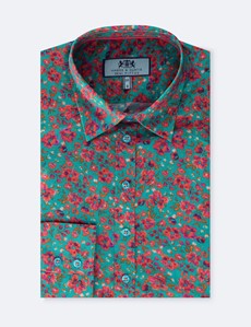 Women's Teal & Red Floral Semi Fitted Shirt - Single Cuff