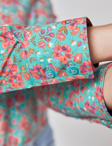 Women's Teal & Red Floral Semi Fitted Shirt - Single Cuff