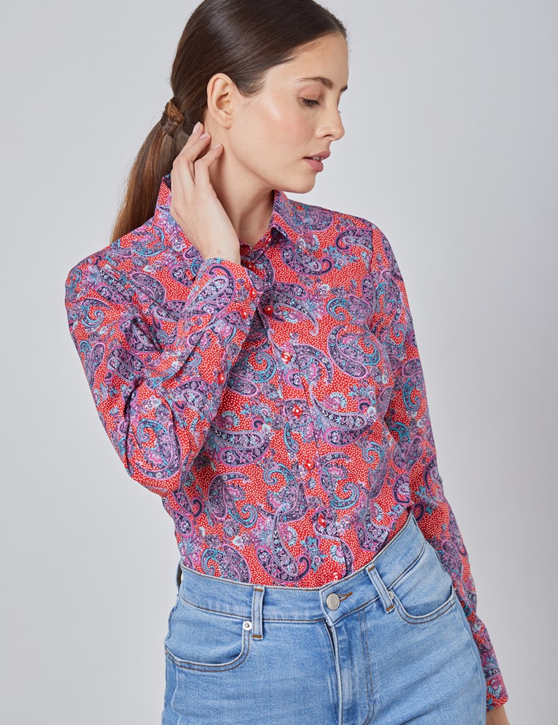 Hawes & Curtis Women's Long Sleeve Spring Paisley Relaxed Fit Shirt Single Cuff 