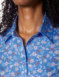 Women's Light Blue & White Floral Semi Fitted Cotton Stretch Shirt 