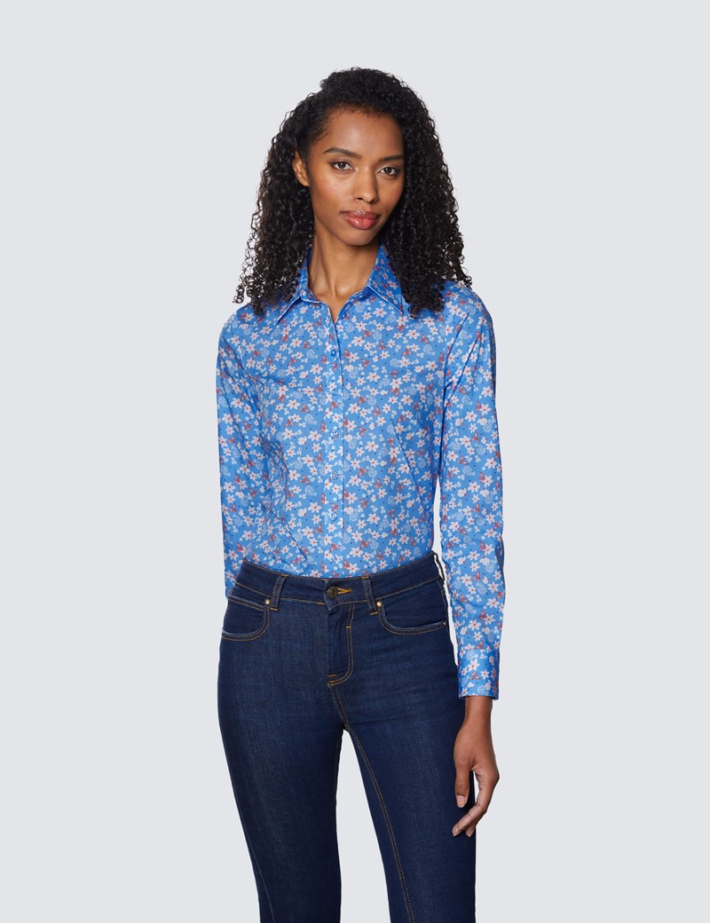 Women's Light Blue & White Floral Semi Fitted Cotton Stretch Shirt 