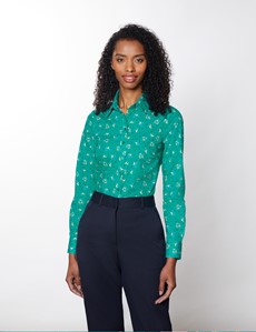 Women's Green & Yellow Floral Semi Fitted Cotton Stretch Shirt 