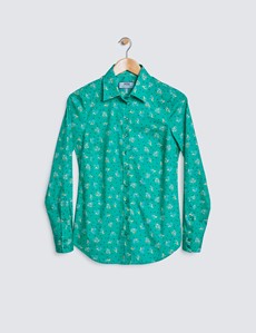 Women's Green & Yellow Floral Semi Fitted Cotton Stretch Shirt 