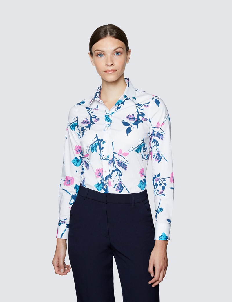 Women's White & Navy Leaf Print Semi Fitted Cotton Stretch Shirt 