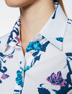 Women's White & Navy Leaf Print Semi Fitted Cotton Stretch Shirt 