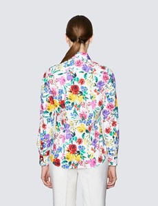 Women's White & Red Multi Colour Roses Print Semi Fitted Cotton Stretch Shirt 