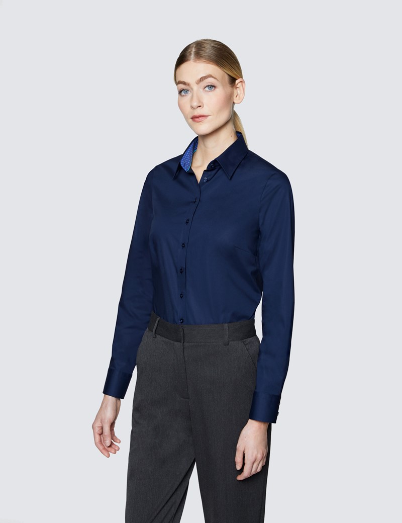 Women's Navy Semi Fitted Shirt with Contrast Detail