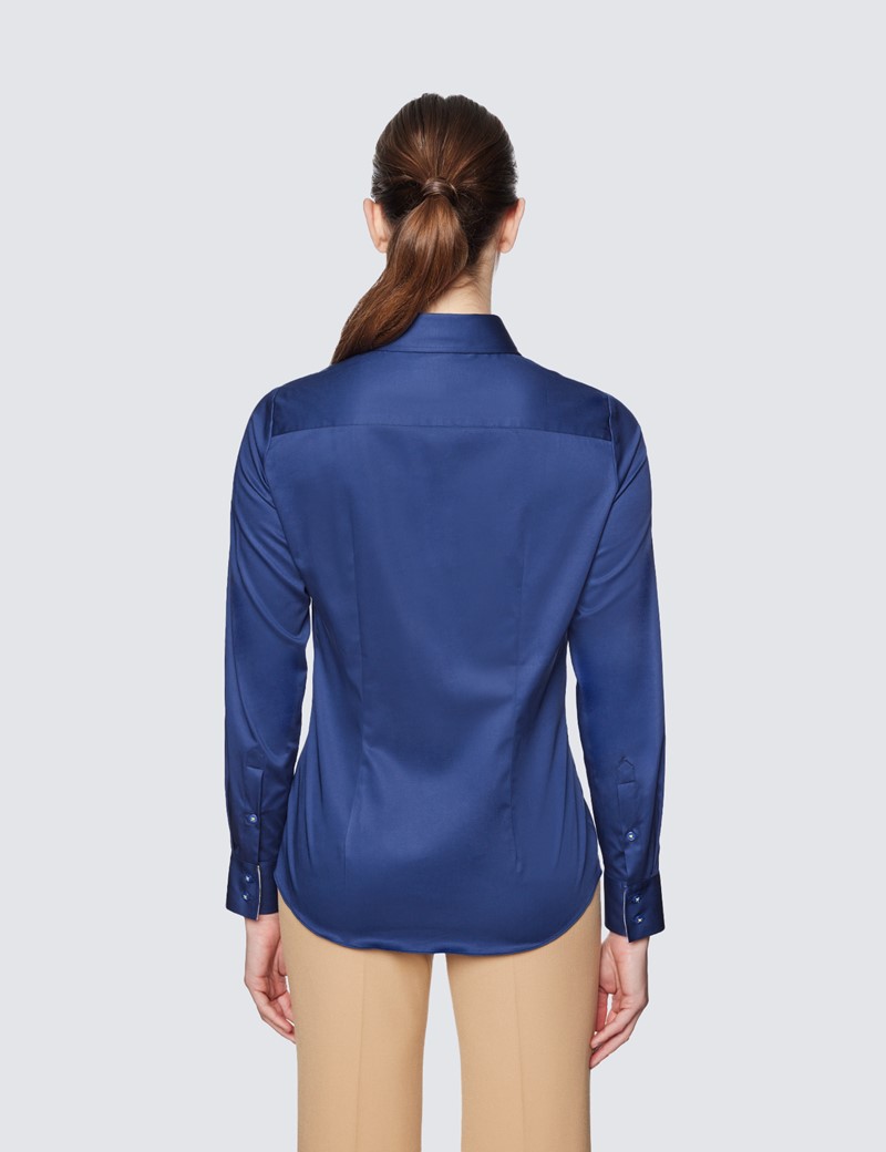Women's Navy Semi Fitted Cotton Shirt With Contrast Detail