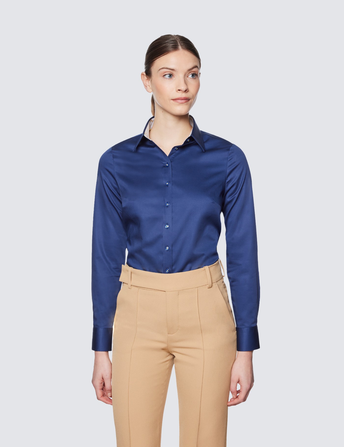 Women's Navy Semi Fitted Cotton Shirt With Contrast Detail | Hawes & Curtis