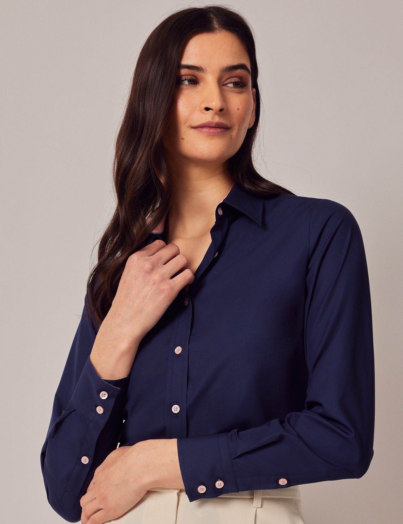 Women's Navy Semi Fitted Shirt - Contrast Detail