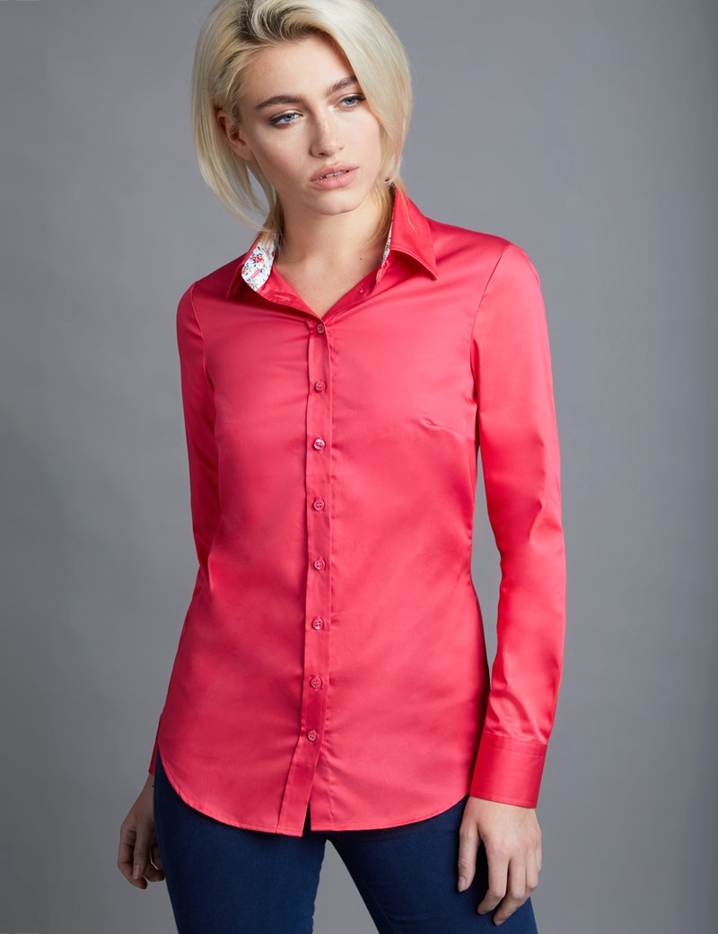 Women's Hot Coral Semi Fitted Shirt With Contrast Detail - Single Cuff ...