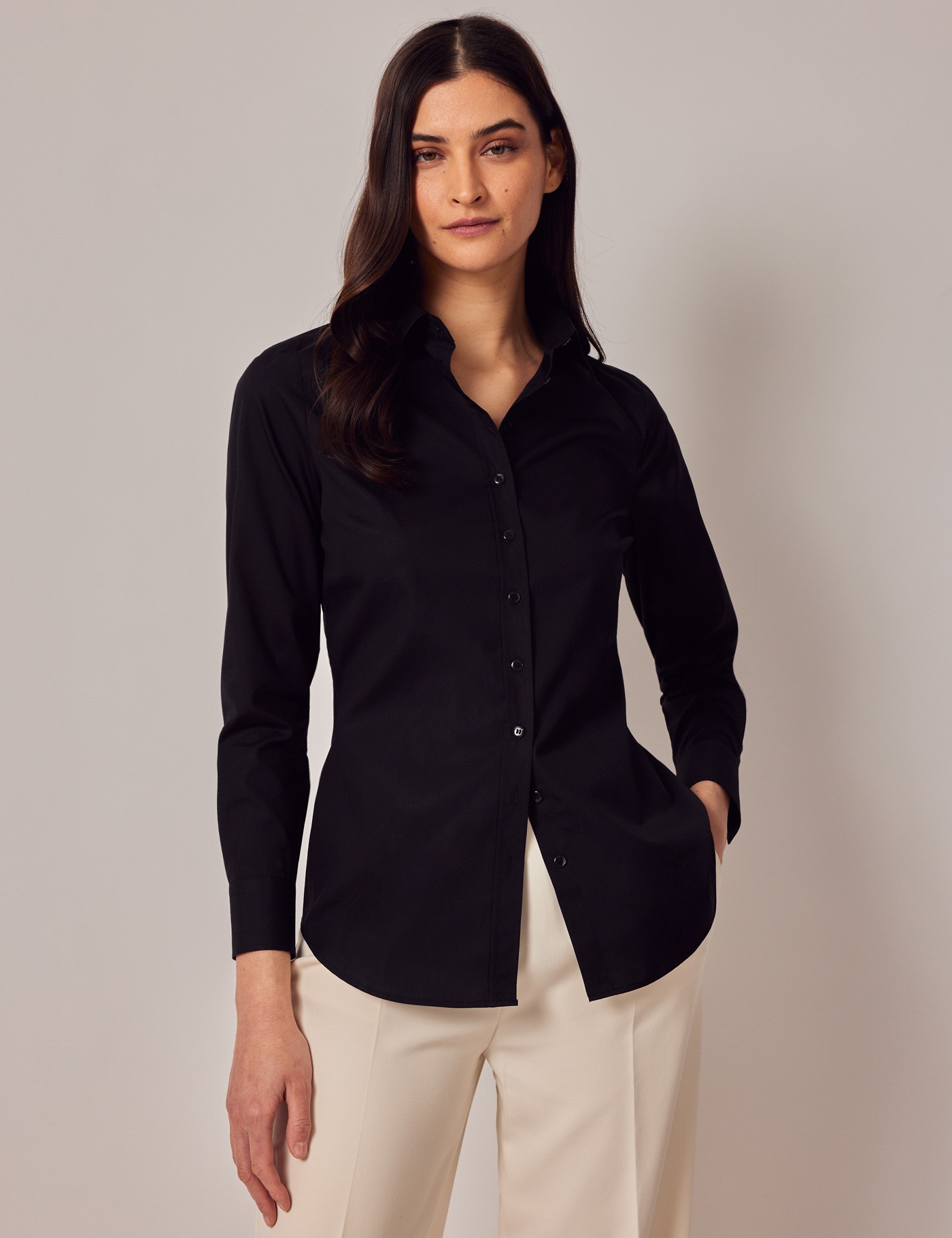 Women's Black Semi Fitted Cotton Shirt - Single Cuff | Hawes & Curtis