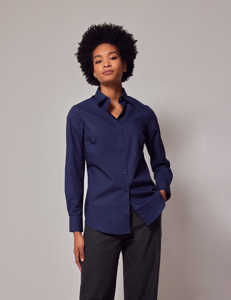 Women's Navy Poplin Cotton Semi-Fitted Shirt | Hawes And Curtis