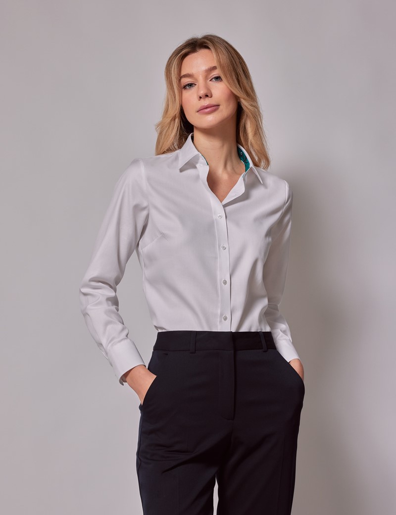 Women's White Twill Semi-Fitted Cotton Shirt - Contrast Detail | Hawes ...