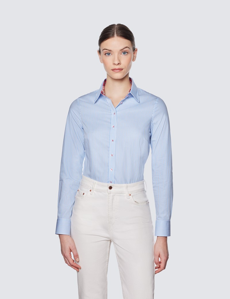 Women's Blue & White Fine Stripe Semi Fitted Cotton Shirt