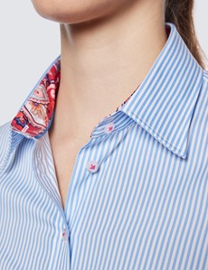 Women's Blue & White Fine Stripe Semi Fitted Cotton Shirt