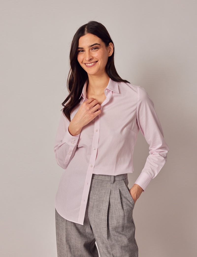 Women's Pink & White Stripe Semi Fitted Shirt