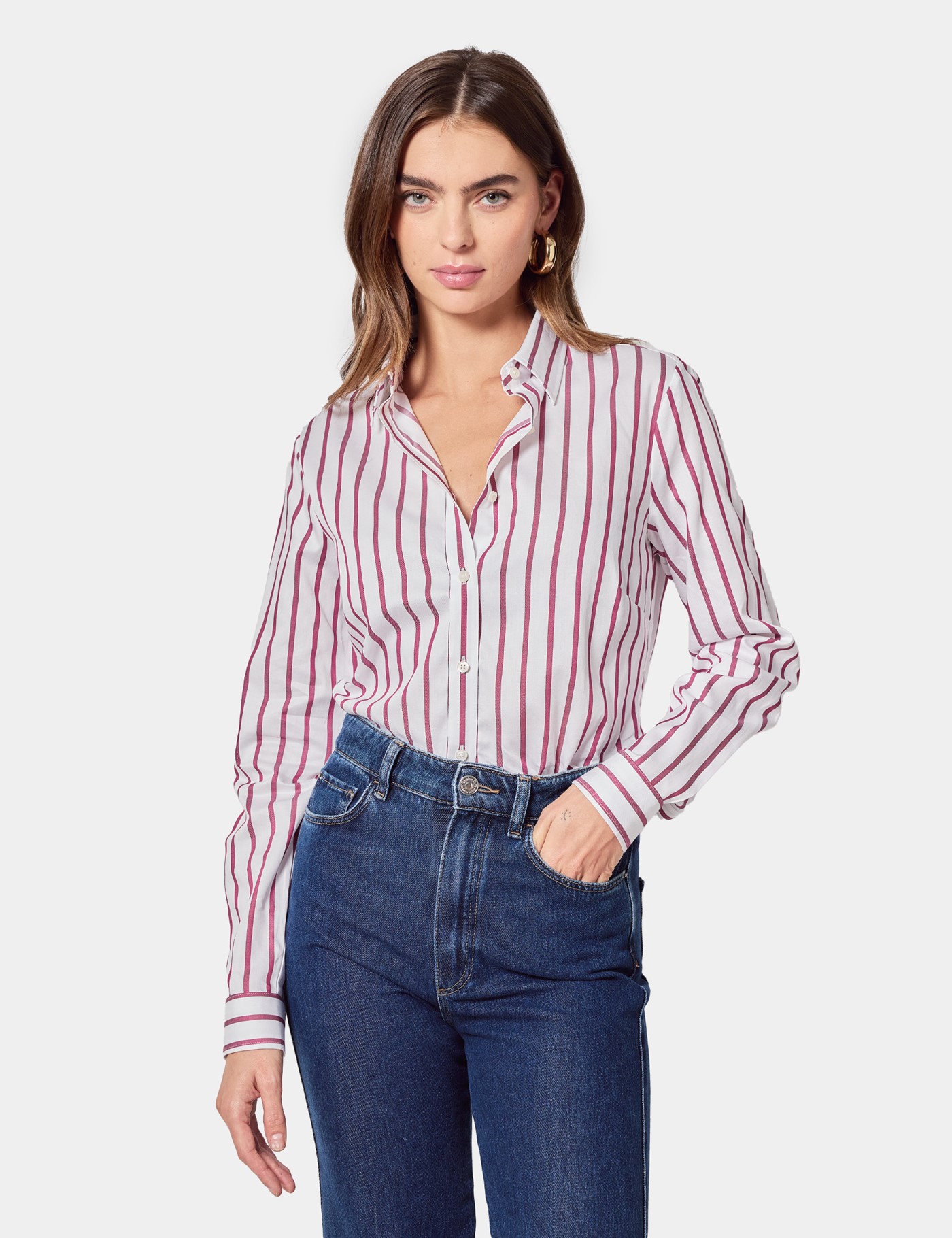 & Semi Fitted & Burgundy Wide Stripe Executive Shirt