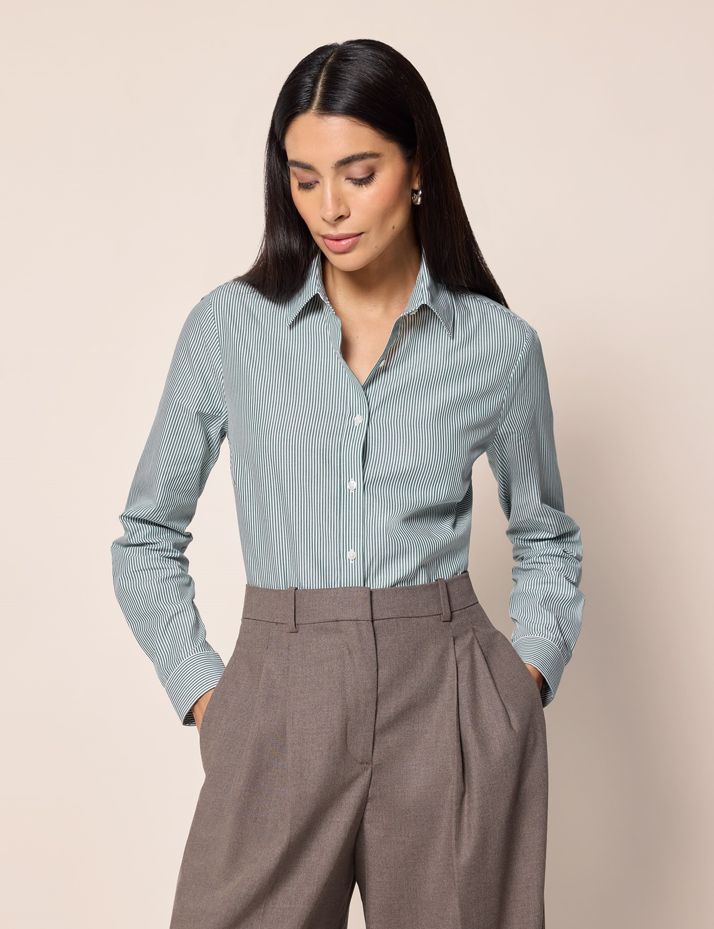 & Semi Fitted Green & Fine Stripe Executive Shirt