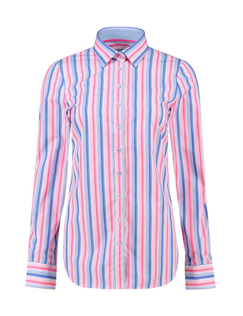 Women's Pink & Blue Multi Stripe Semi Fitted Shirt - Single Cuff ...