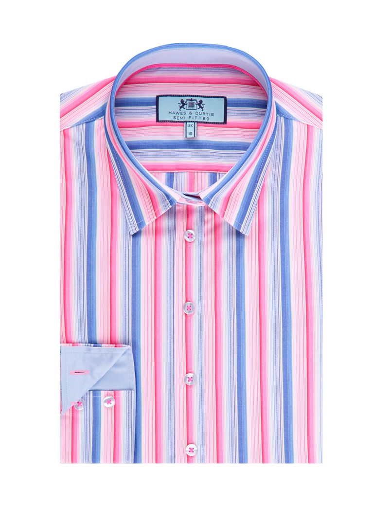 Women's Pink & Blue Multi Stripe Semi Fitted Shirt - Single Cuff ...