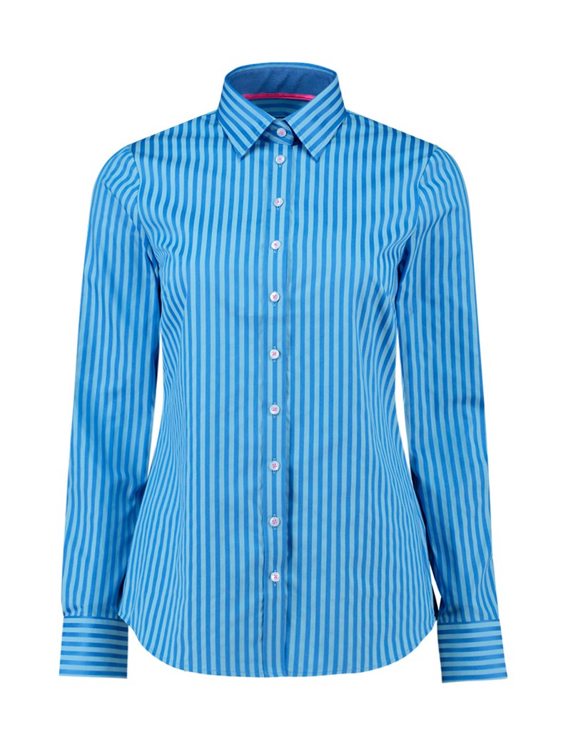 Women's Blue Tonal Stripe Semi-Fitted Shirt - Single Cuff | Hawes & Curtis