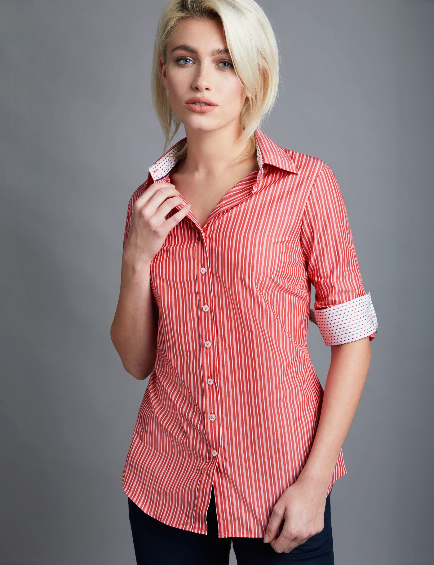 Women's Red & White Multi Stripe Semi Fitted Shirt - Single Cuff ...