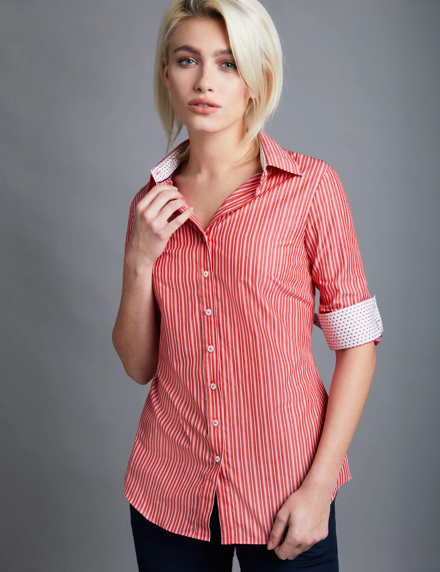 Women's Red & White Multi Stripe Semi Fitted Shirt Single Cuff