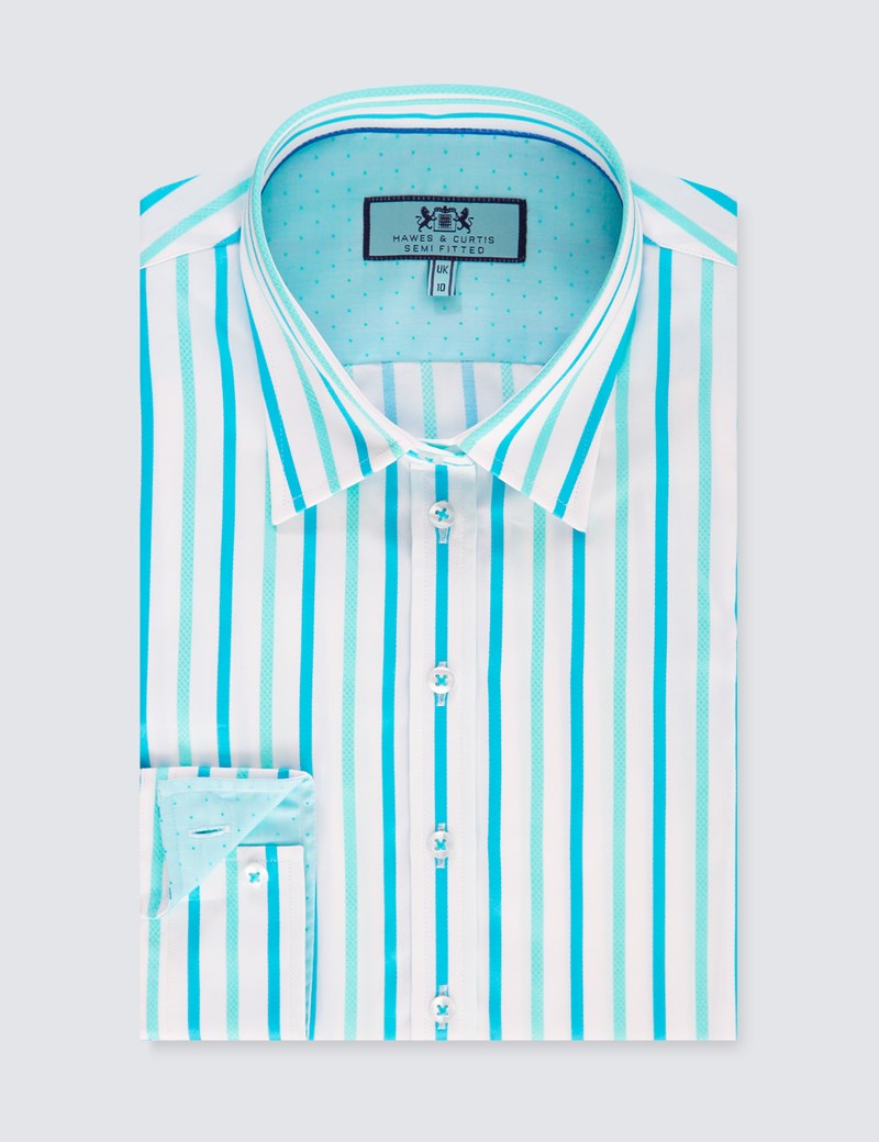 Women's White & Turquoise Multi Stripe Semi Fitted Shirt - Single Cuff ...