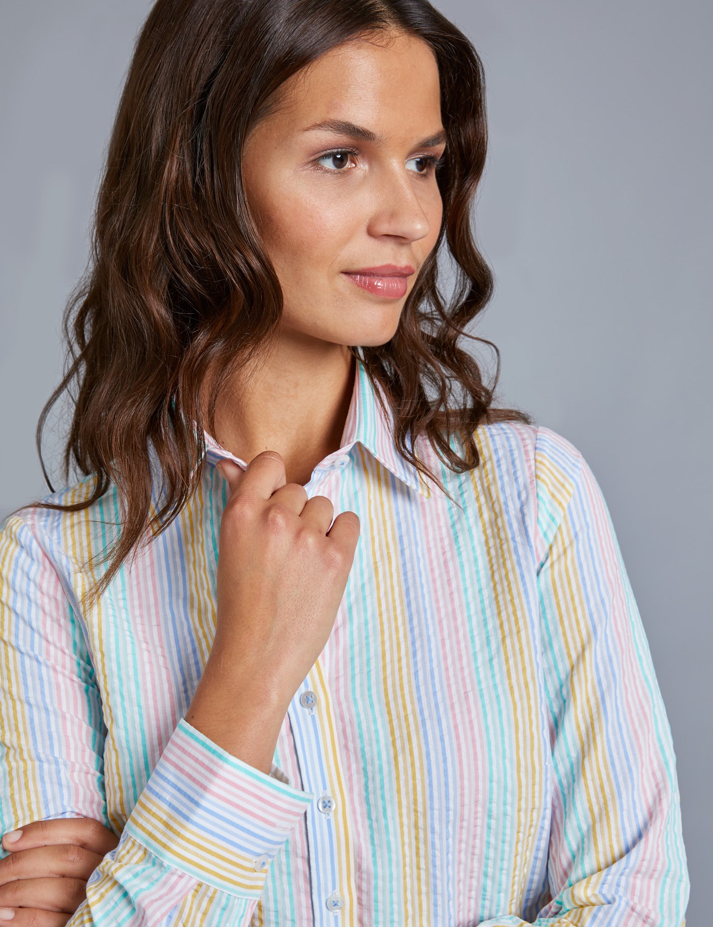 Women's Blue & Yellow Multi Stripe Semi Fitted Shirt - Single Cuff ...