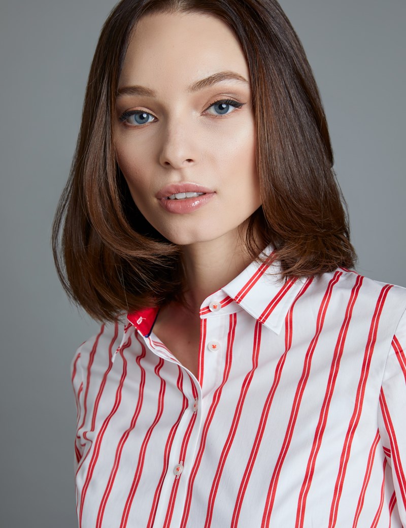 Women's White & Red Stripe Semi Fitted Shirt - Single Cuff | Hawes & Curtis